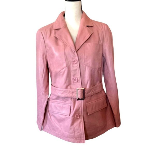 Genuine leather button up pink jacket with belt women size Small - Picture 1 of 13